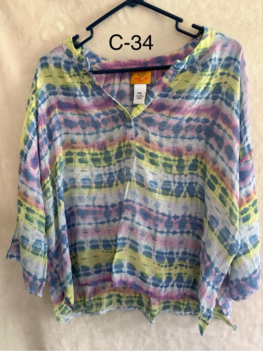 Ruby Rd. Pastel Tie-Dye V-Neck Blouse in Blue, Pink & Green